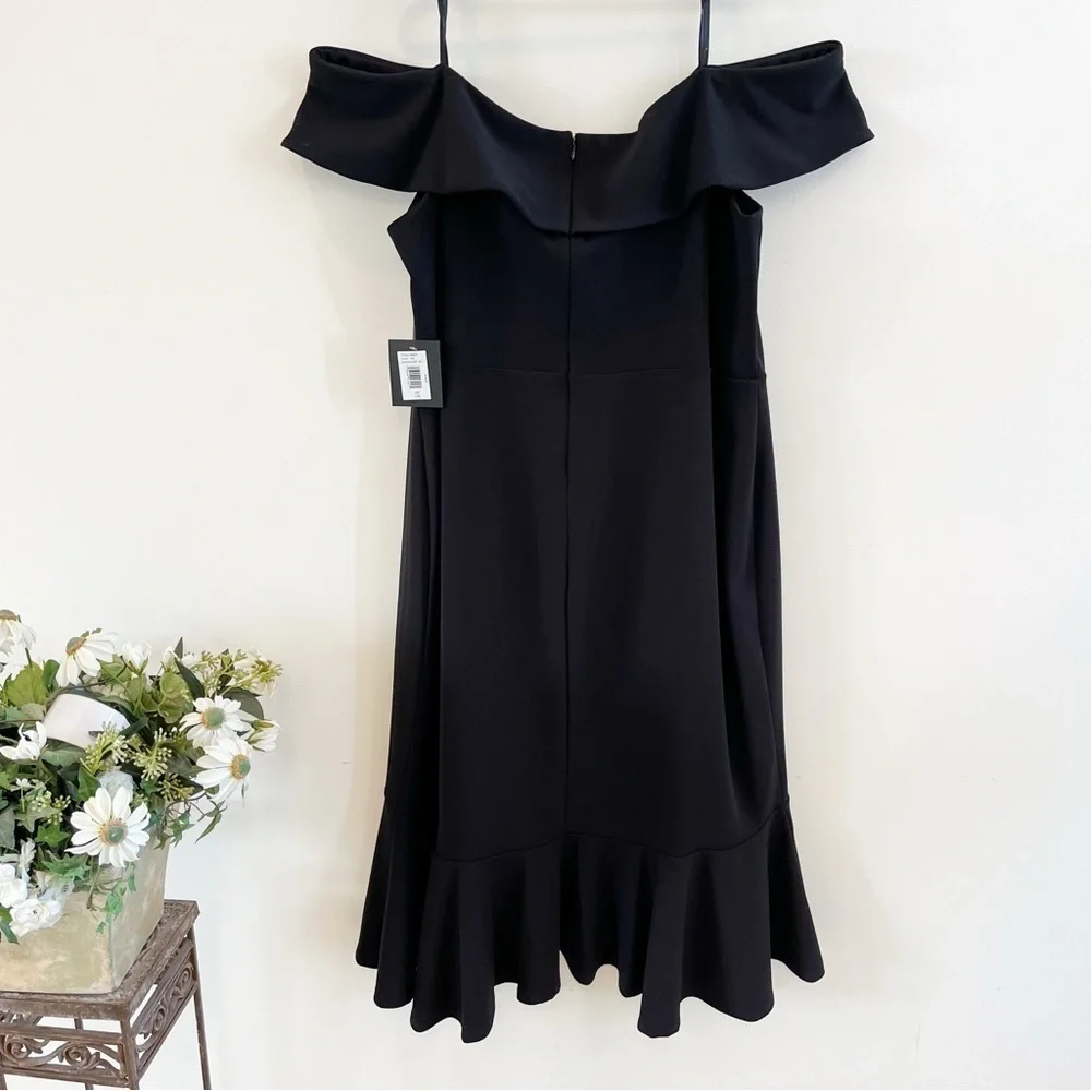 NWT Marina Plus Off The Shoulder Scuba Crepe Flounce Black Cocktail Dress 22W